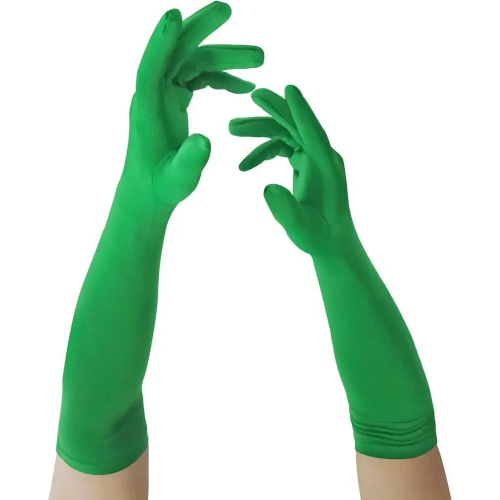 Women's Green Elbow Length Fabric Satin Gloves Halloween Costume Accessories